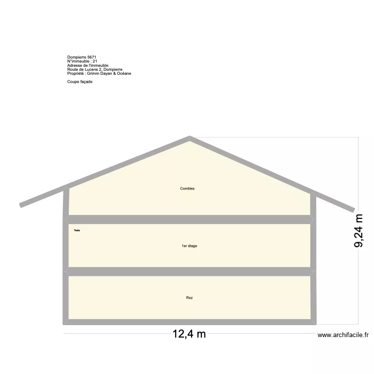 Dompierre Coupe fa&ccedil;ade. Plan de 3  et 82 m²