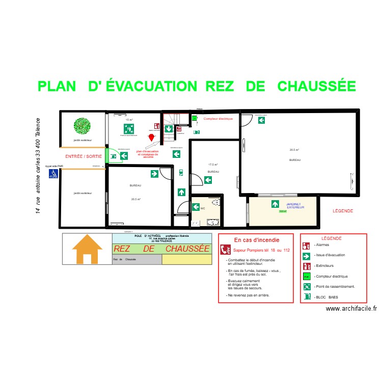 plan  d'évacuation  rez  de  chaussés avec légende. Plan de 3 pièces et 74 m2