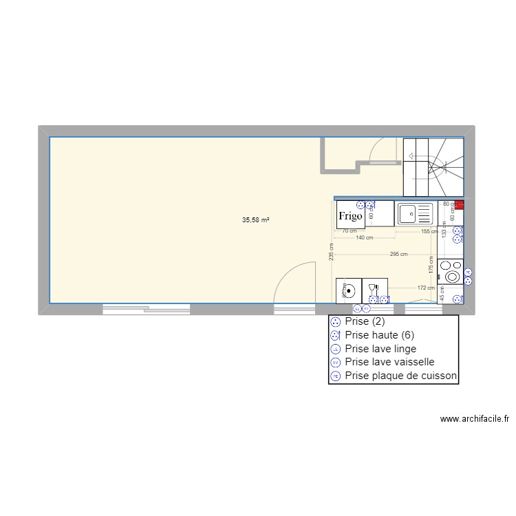 niveau 0 cuicine. Plan de 1 pièce et 36 m2