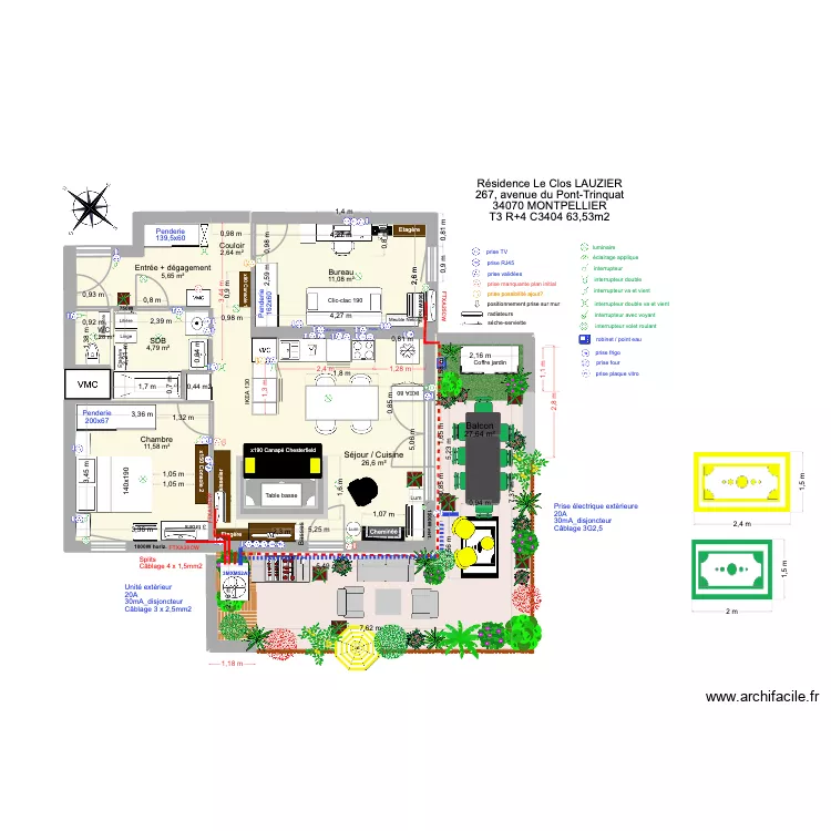 T3 C3404 _ R&eacute;sidence Le Clos Lauzier 4 (table anthracite 1,8 + chaises agave). Plan de 8  et 91 m²