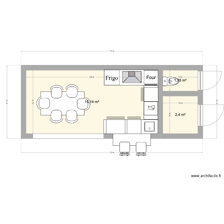 cuisine d'été Serignan. Plan de 3 pièces et 19 m2