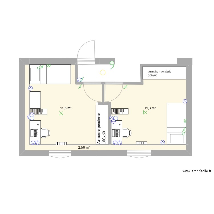 chambresModif2. Plan de 3 pièces et 25 m2