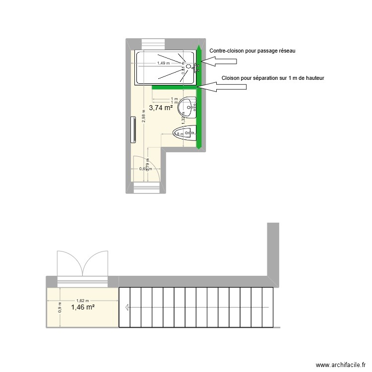 RIBESOIS Yvonne. Plan de 2 pièces et 5 m2