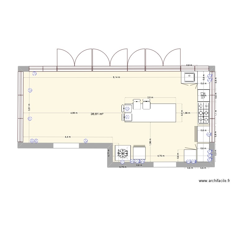 Cuisine v2. Plan de 1 pièce et 37 m2