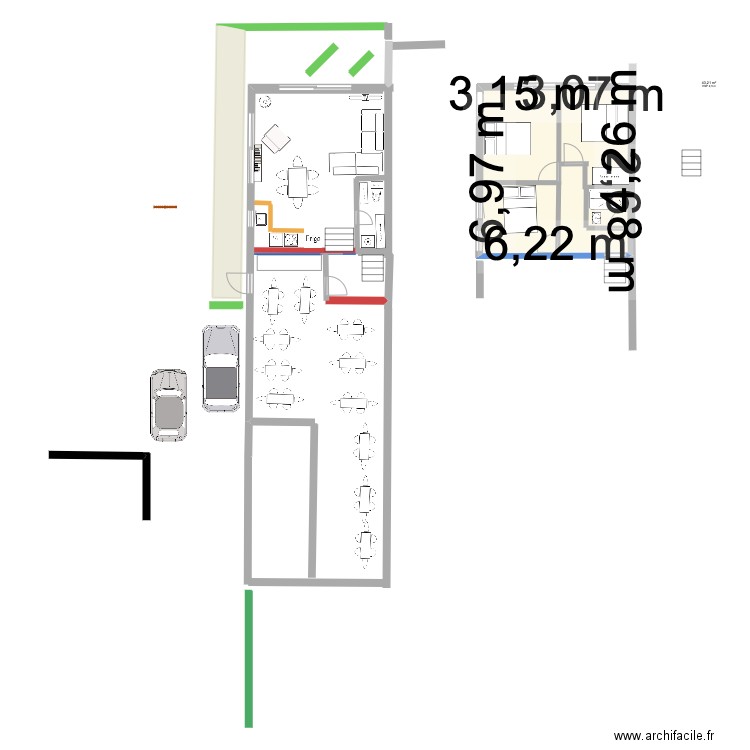 cantine. Plan de 1 pièce et 36 m2