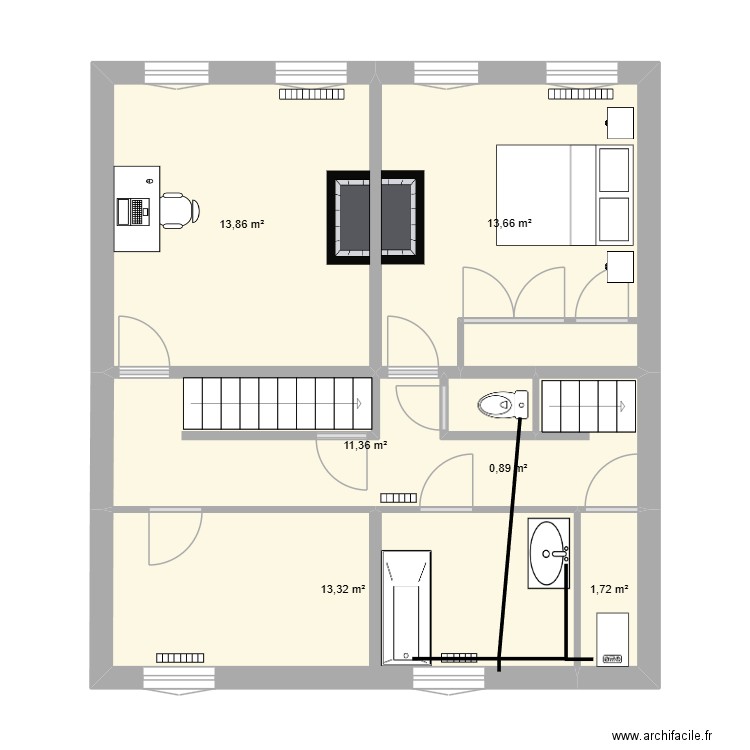 1er étage. Plan de 6 pièces et 55 m2