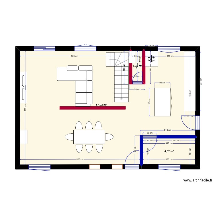 RDC Gruny. Plan de 3 pièces et 64 m2
