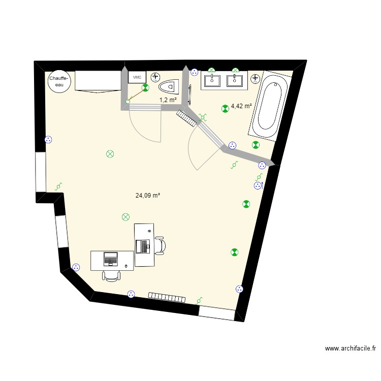 Malette - Bureau. Plan de 3 pièces et 30 m2