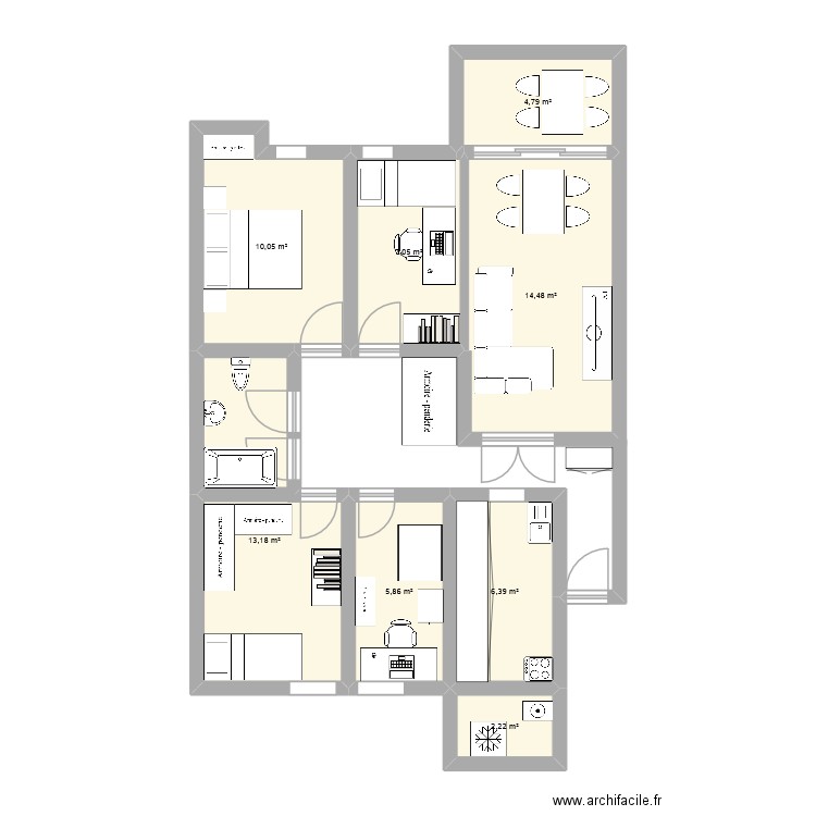 pis. Plan de 8 pièces et 64 m2