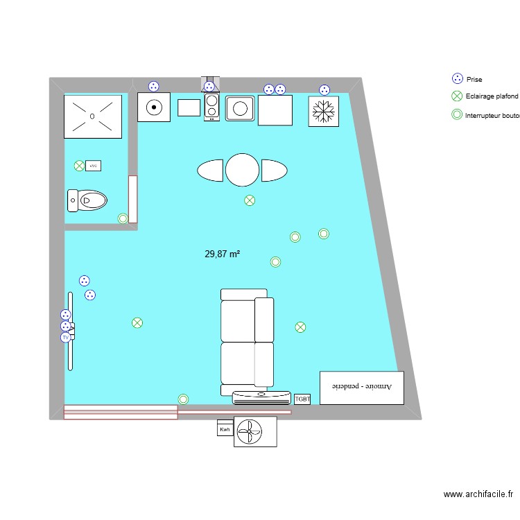 STUDIO 1 BLEU FINAL modifie 29/08/25. Plan de 1 pièce et 30 m2