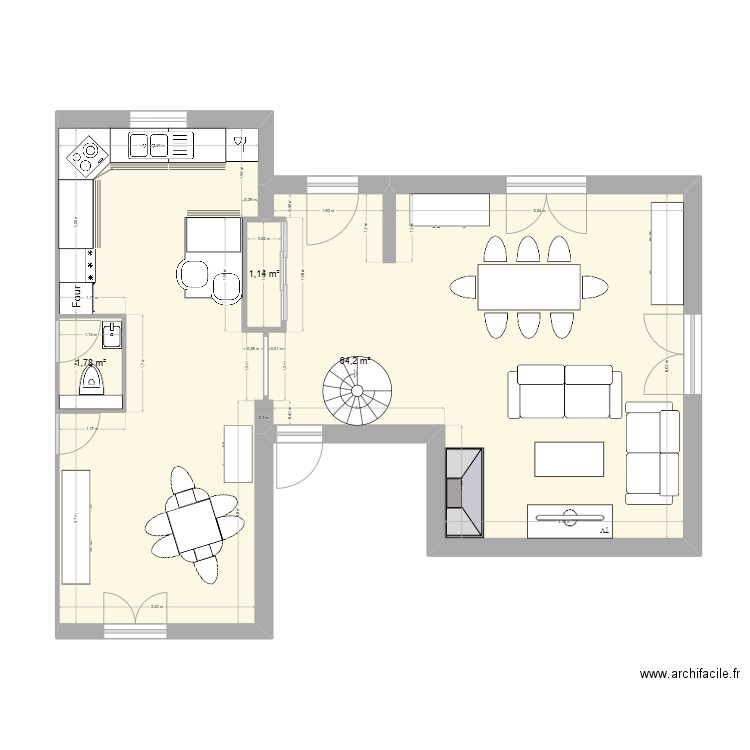 Cuisine repas salon. Plan de 3 pièces et 67 m2