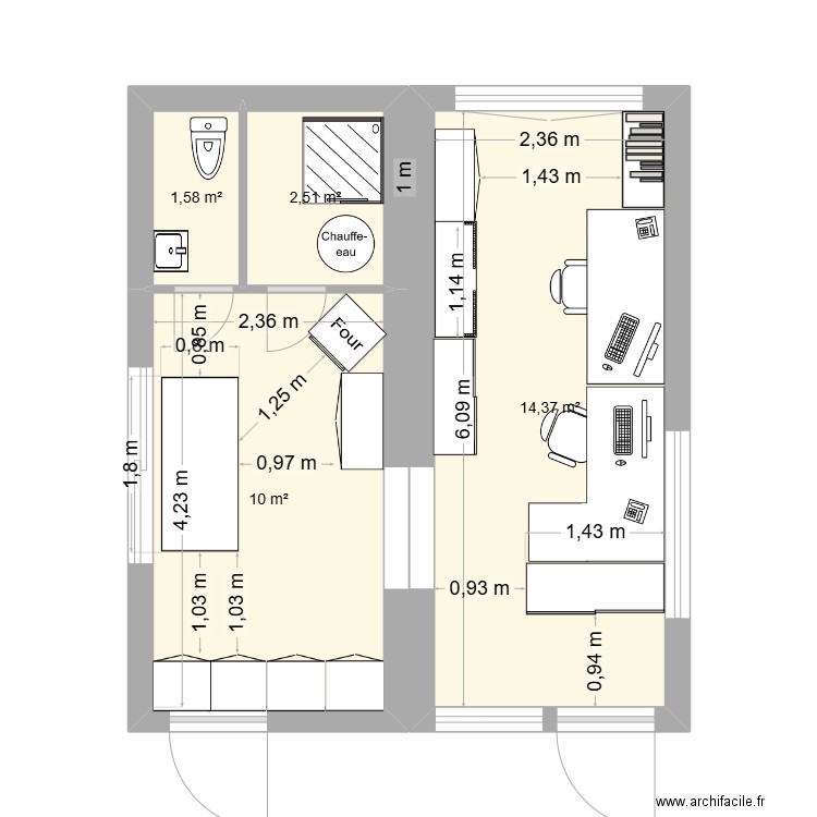 bureau pesee. Plan de 4 pièces et 28 m2