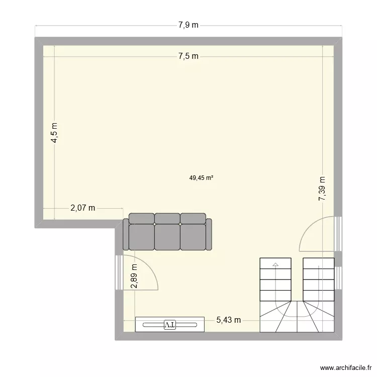 salon cuisine. Plan de 1 Pièce et 49 m²