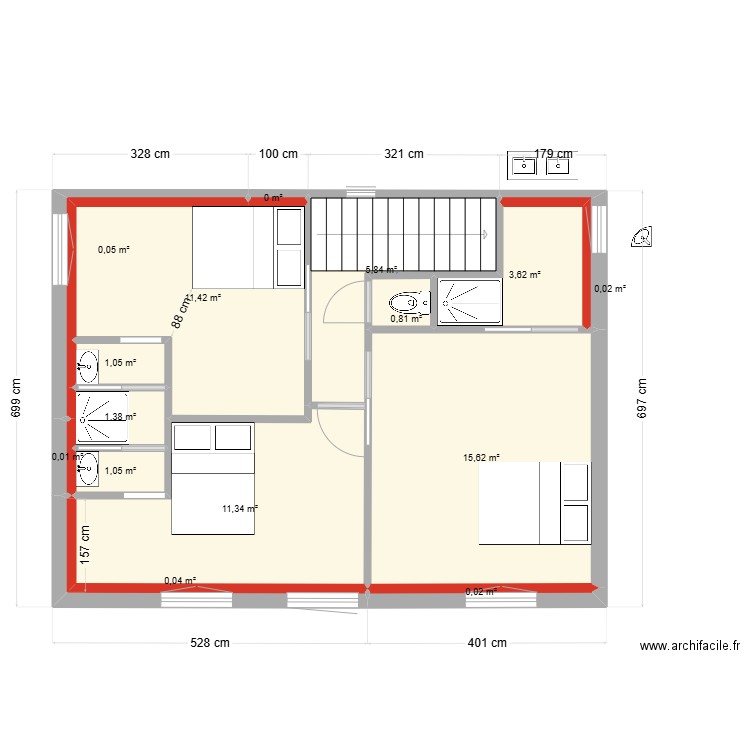 etage plomberie. Plan de 8 pièces et 54 m2