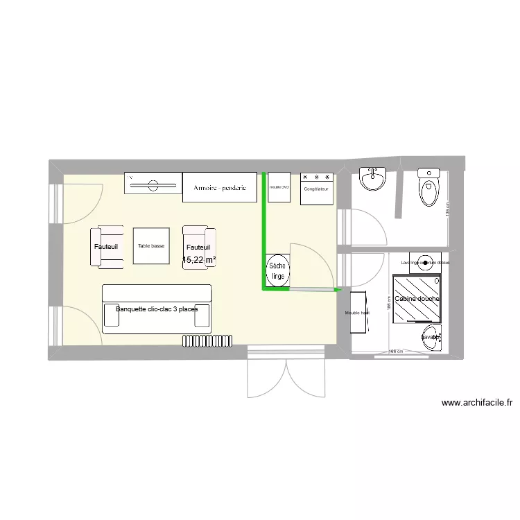 studio et douche. Plan de 