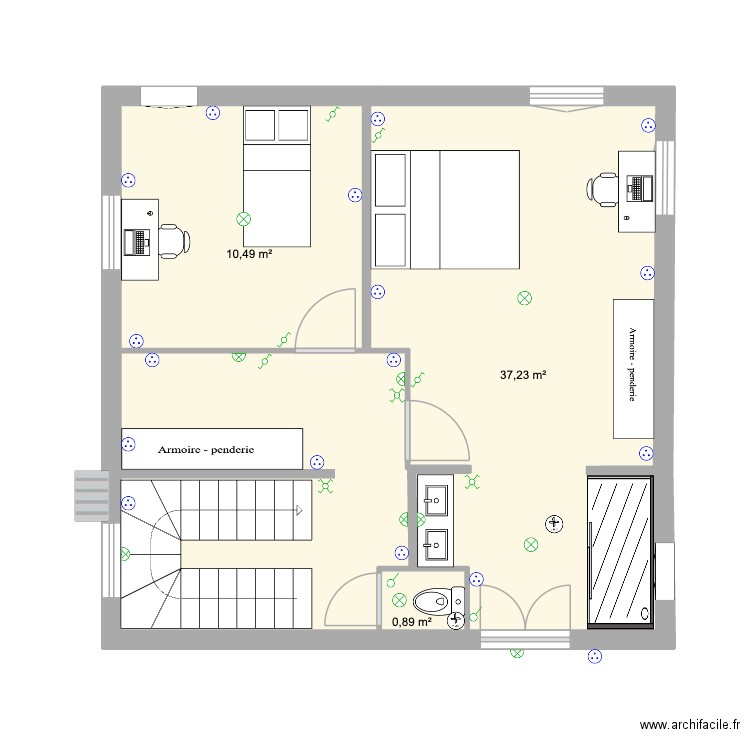 Etage 1 Besseges ELEC. Plan de 3 pièces et 49 m2