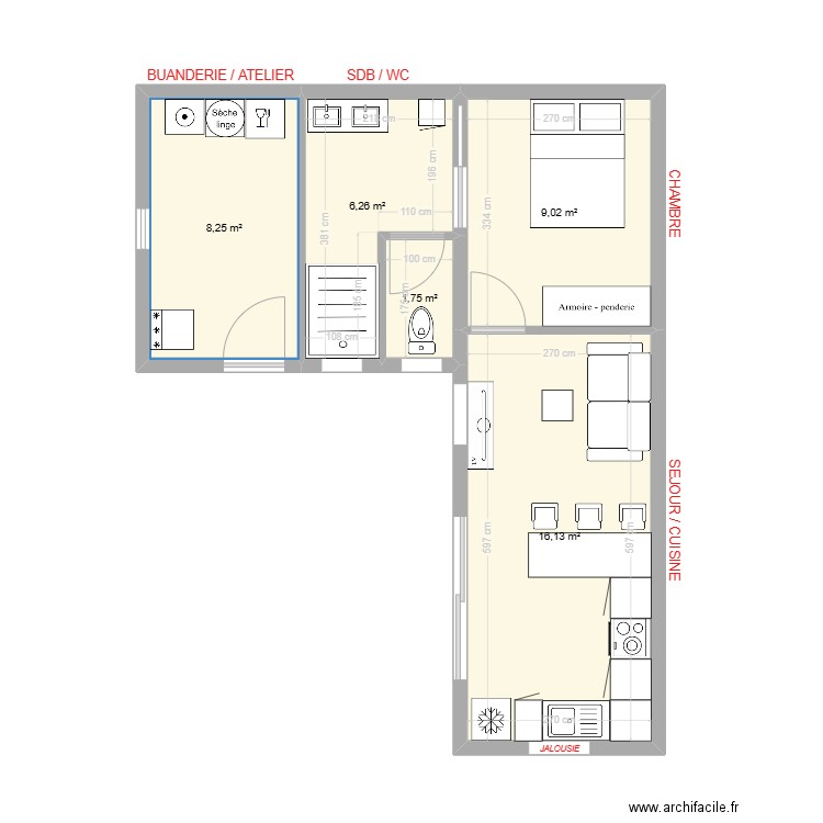Studio. Plan de 5 pièces et 41 m2
