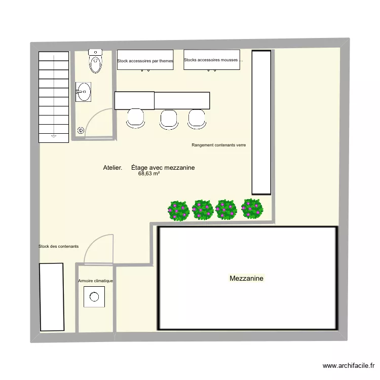 Atelier &eacute;tage. Plan de 1  et 69 m²
