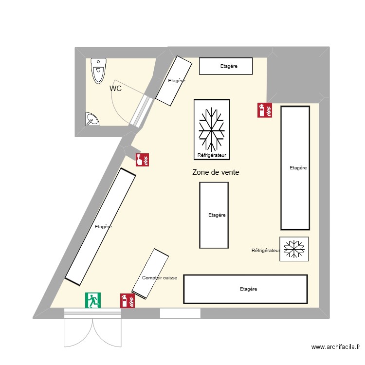 epicerie. Plan de 3 pièces et 33 m2