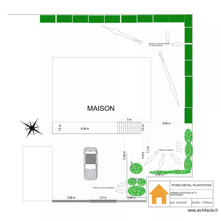 Arbres existants et &agrave; supprimer. Plan de 