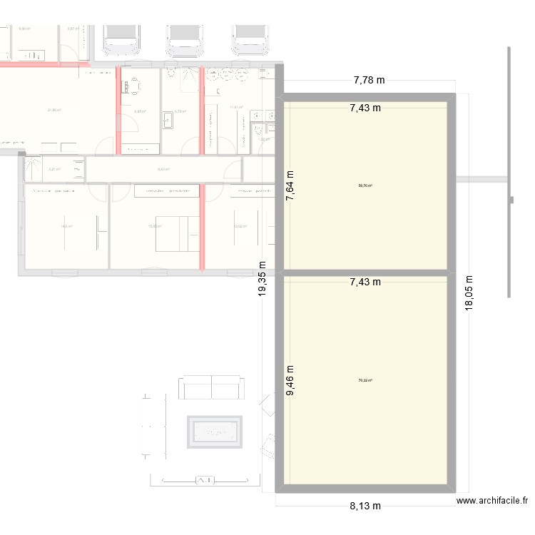 Prejet Resty extension. Plan de 15 pièces et 373 m2