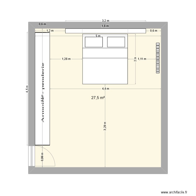 chambre. Plan de 1 pièce et 28 m2