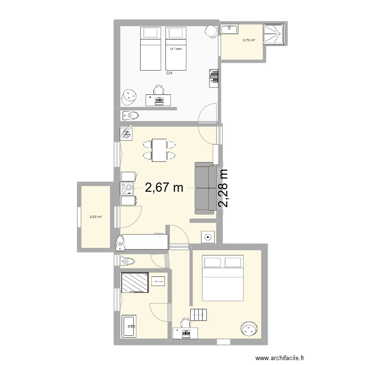 GITE. Plan de 2 pièces et 21 m2