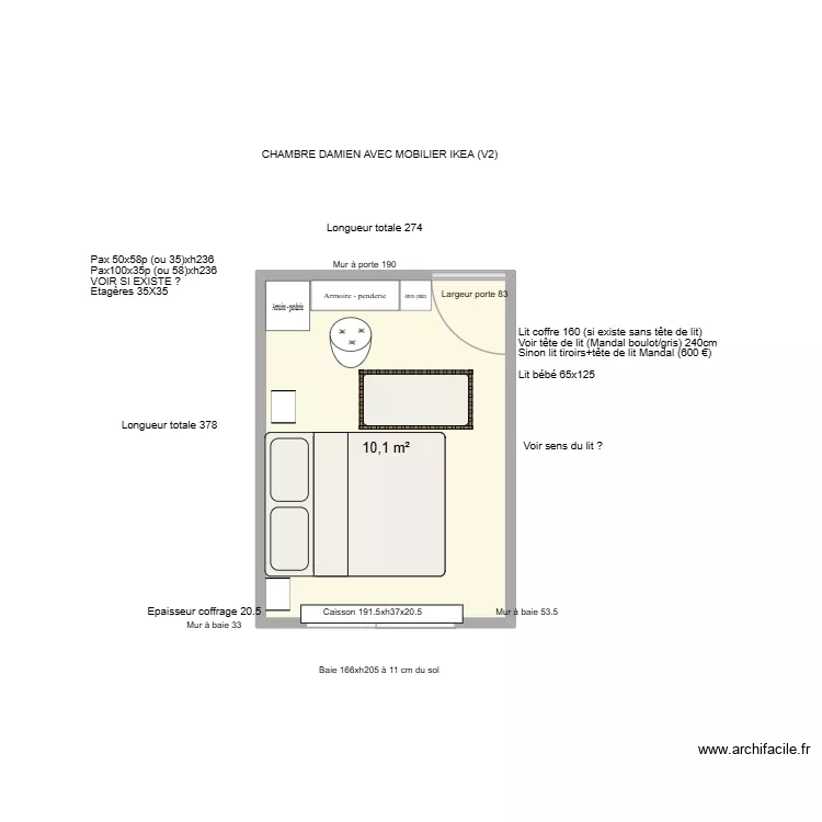 Chambre Damien AVEC mobilier Ikea V2. Plan de 1 Pièce et 10 m²
