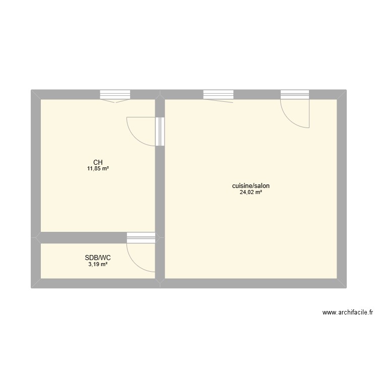 appart 1er côté cours. Plan de 3 pièces et 39 m2