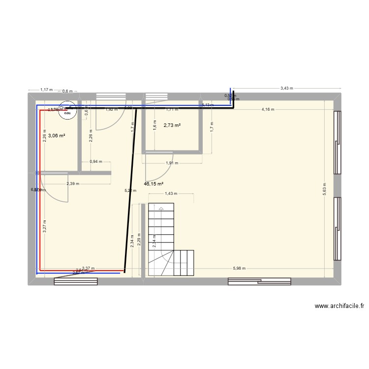 Plomberie RDC. Plan de 3 pièces et 52 m2