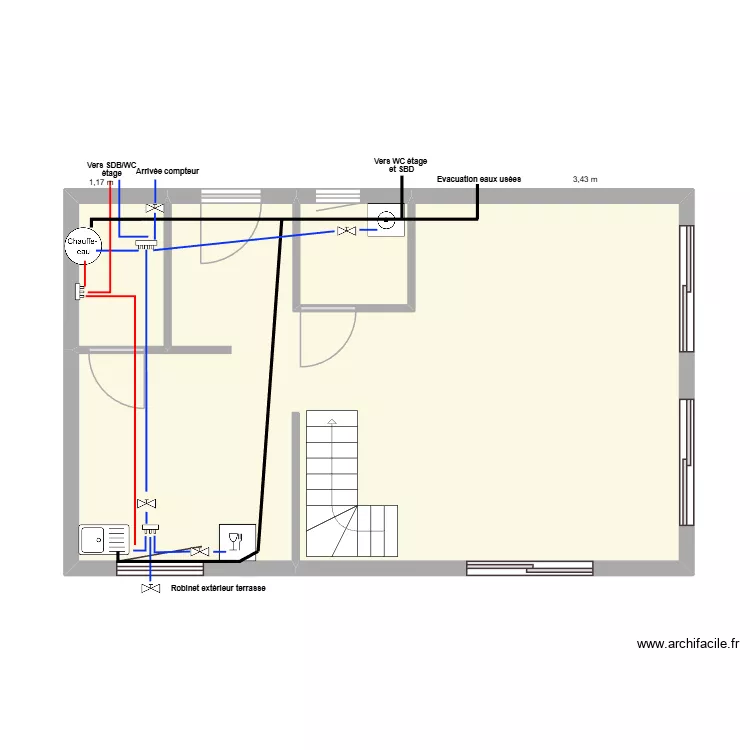 Plomberie RDC. Plan de 3 pièces et 52 m²