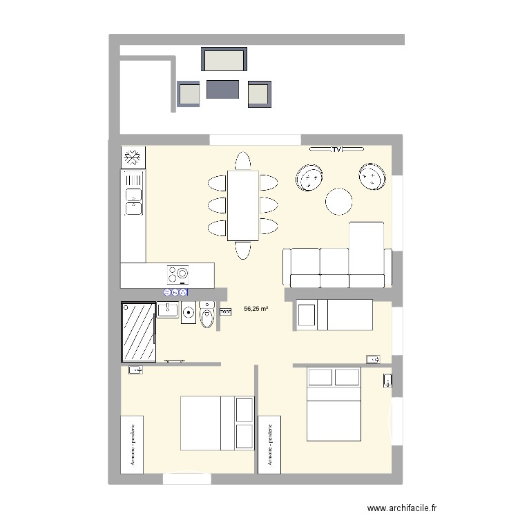 rdc Valras. Plan de 1 pièce et 56 m2