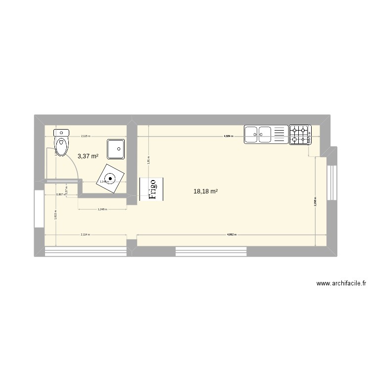 plan cuisine avant. Plan de 2 pièces et 22 m2