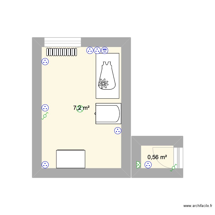 Chambre bébé. Plan de 2 pièces et 8 m2