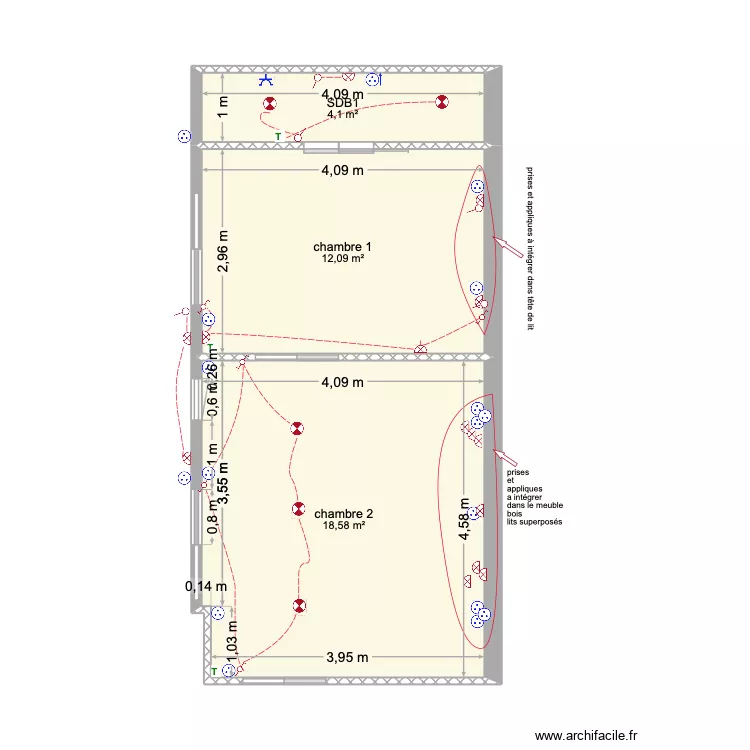 t&ecirc;te de lit chambre 1. Plan de 4 pièces et 57 m²