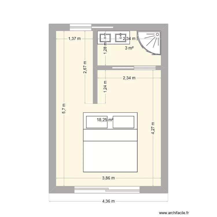 extention chambre. Plan de 2 pièces et 21 m²