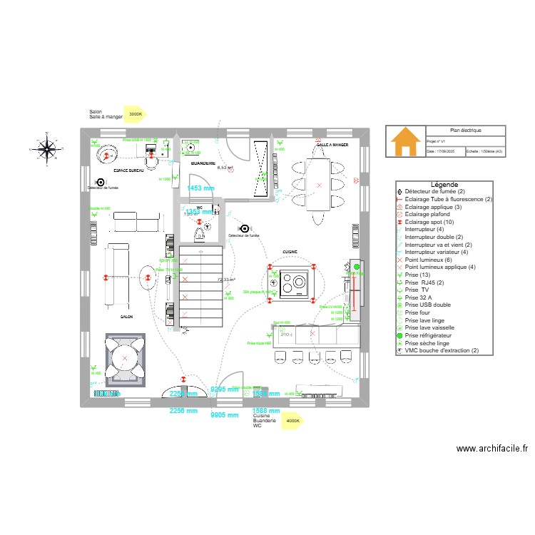 plan couleurs. Plan de 3 pièces et 81 m2