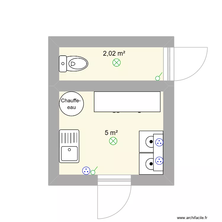buanderie. Plan de 2 pièces et 7 m²