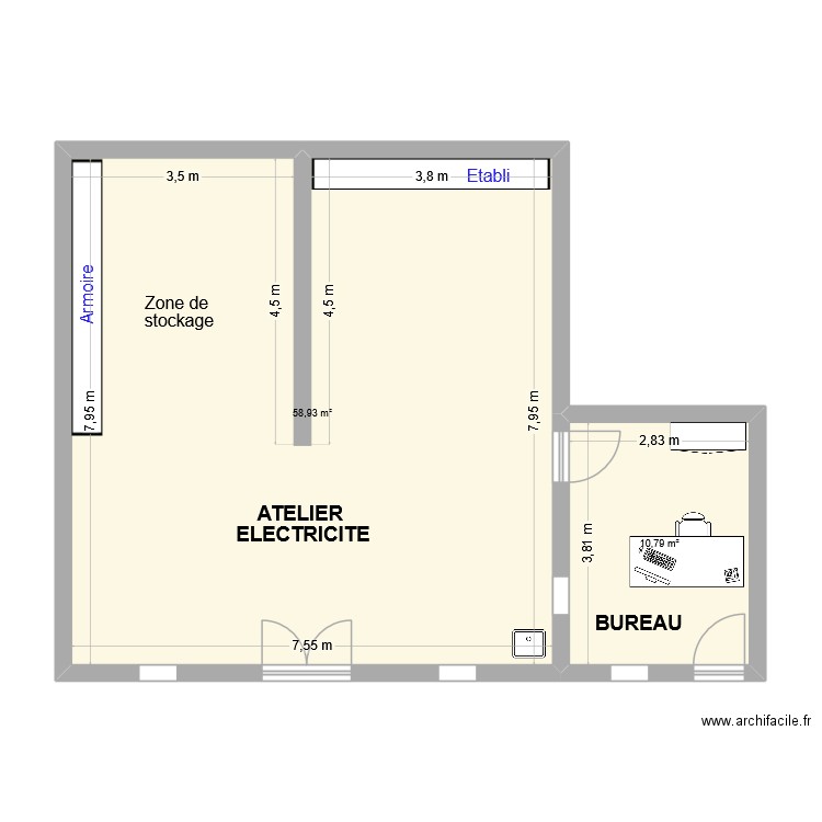 electricite. Plan de 2 pièces et 70 m2