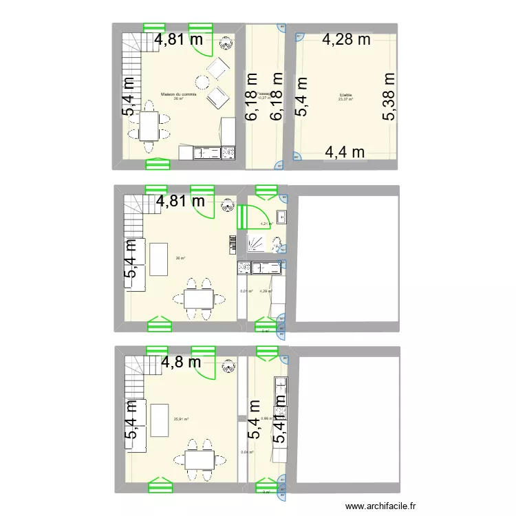 Maison du valet option 0. Plan de 12  et 129 m²