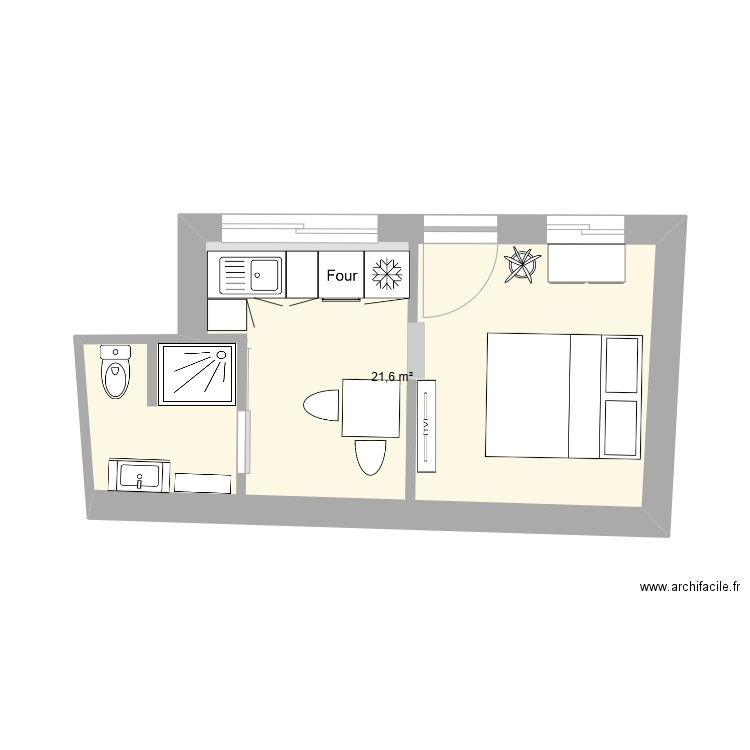 P. B. aménagé 2. Plan de 1 pièce et 22 m2