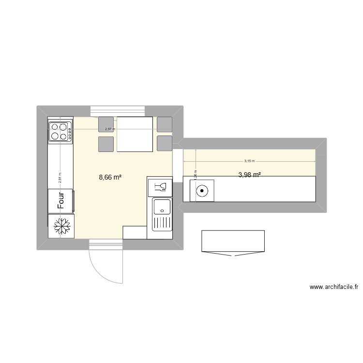 Cuisine option 2. Plan de 2 pièces et 13 m2