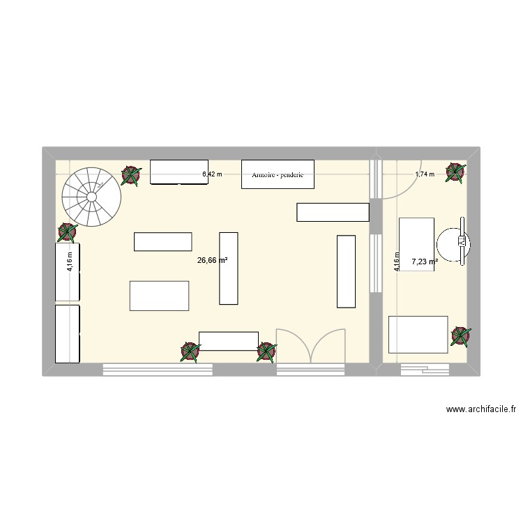 Agencement magasin. Plan de 2 pièces et 34 m2