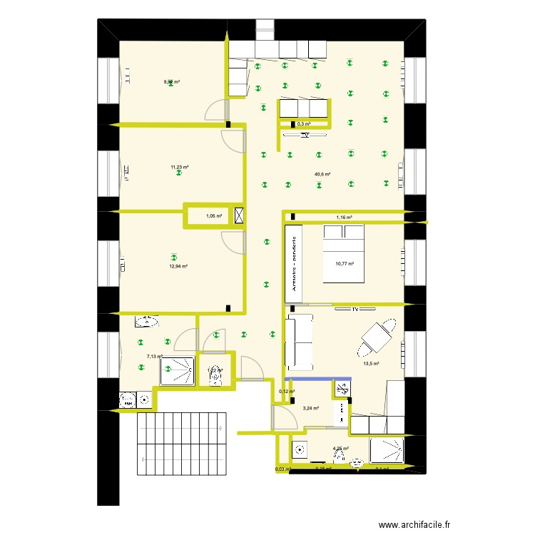 appartement 2/3 électricité. Plan de 17 pièces et 118 m2