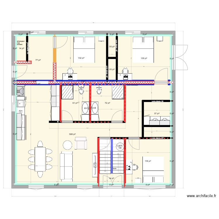 plan 90 rochelois avec murs porteurs nettoyé client. Plan de 36 pièces et 111 m2