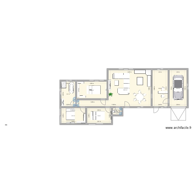 Plan semi couloir. Plan de 8 pièces et 120 m2