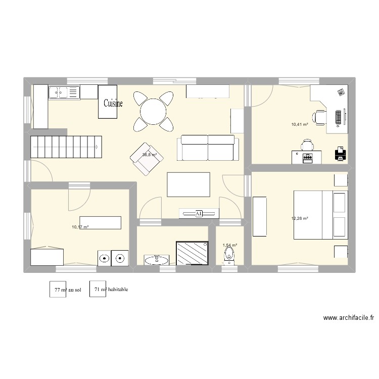 Plan RDC. Plan de 5 pièces et 71 m2
