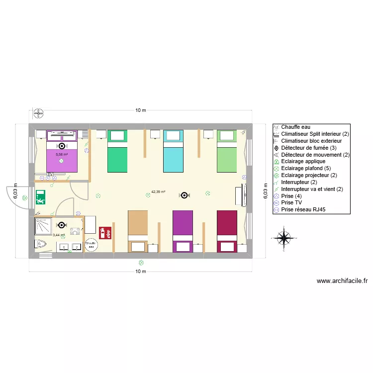 Dortoir. Plan de 3  et 51 m²