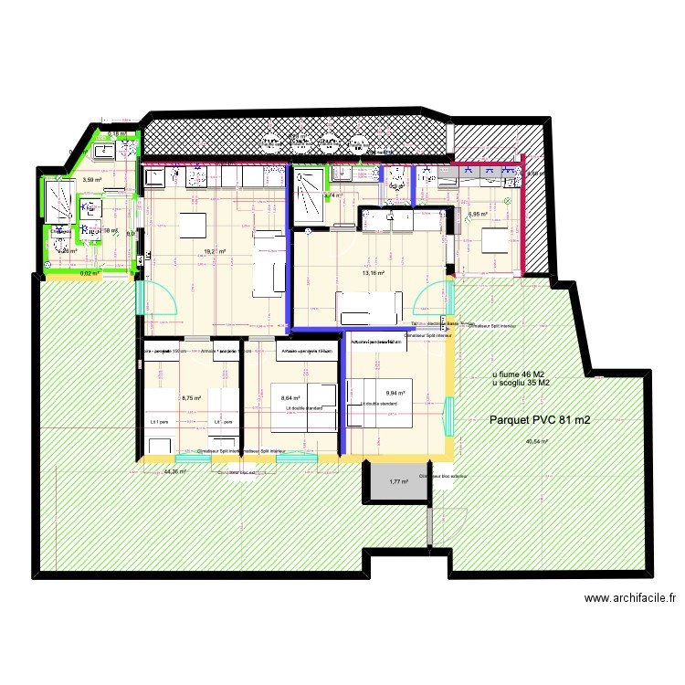 rdc gîtes entrée, sdb et frigo four cafucciu. Plan de 24 pièces et 180 m2