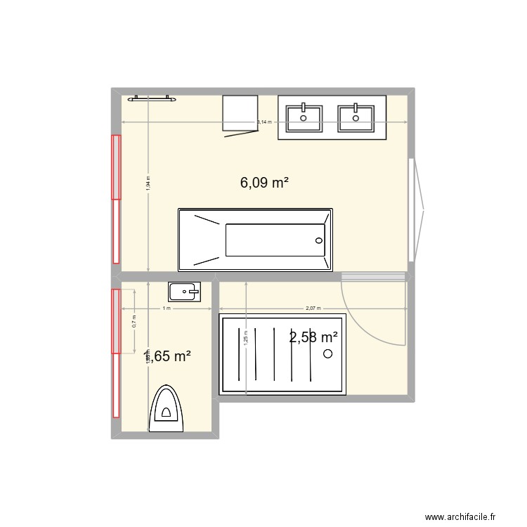 salle de bain baignoir angle. Plan de 3 pièces et 10 m2
